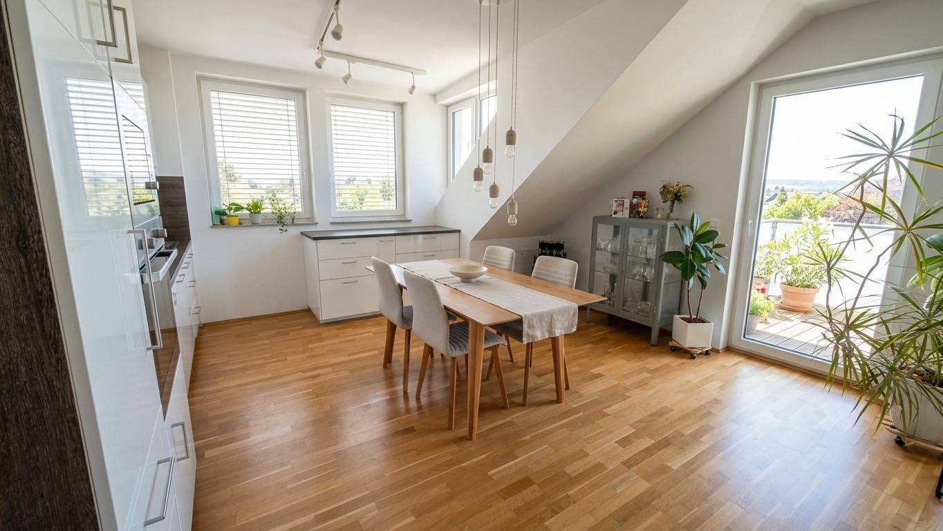 Heller Essbereich mit Holztisch, Parkettboden und Blick auf die Umgebung.
