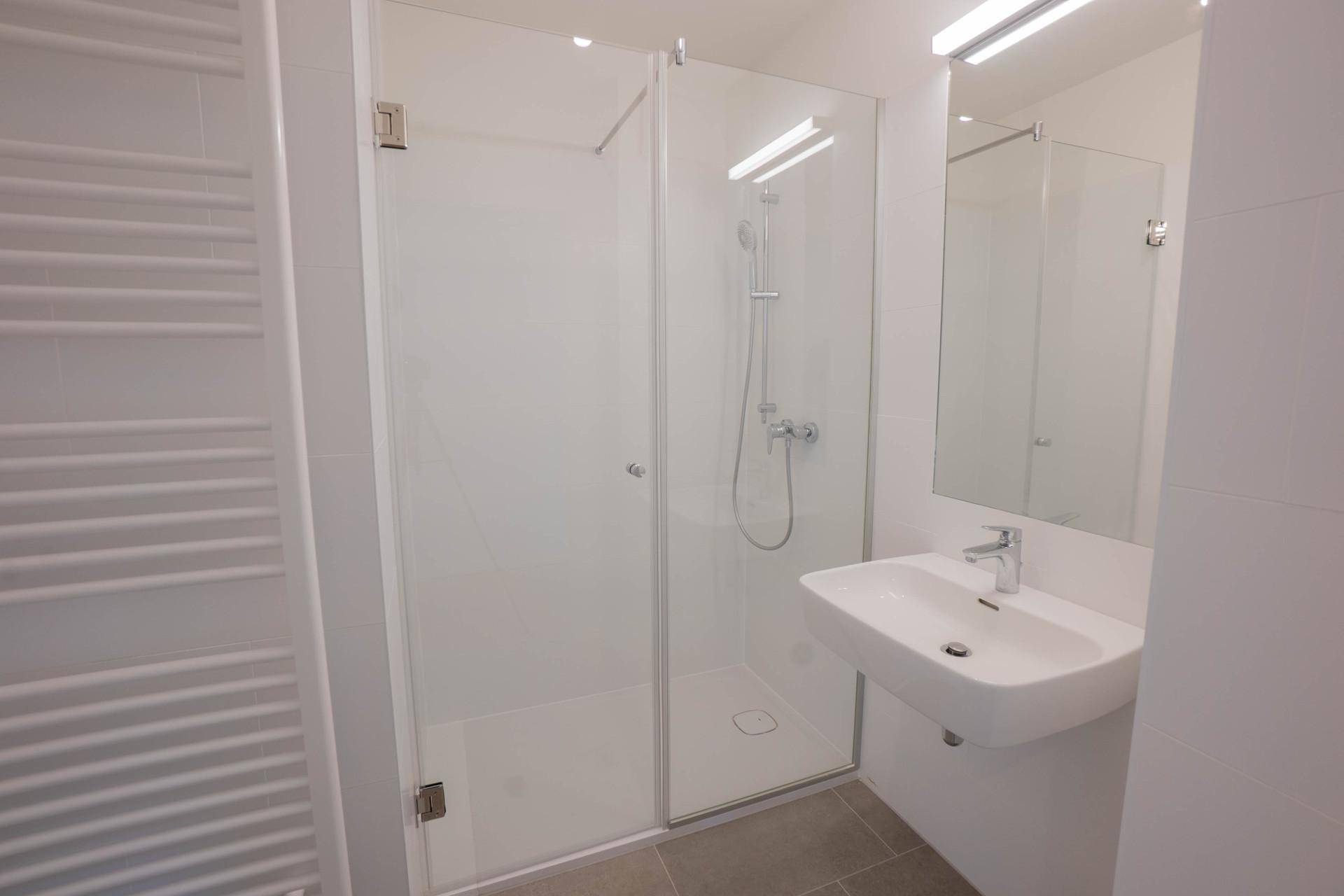 Modernes Badezimmer mit begehbarer Dusche, Einzelwaschbecken und beheiztem Handtuchhalter.