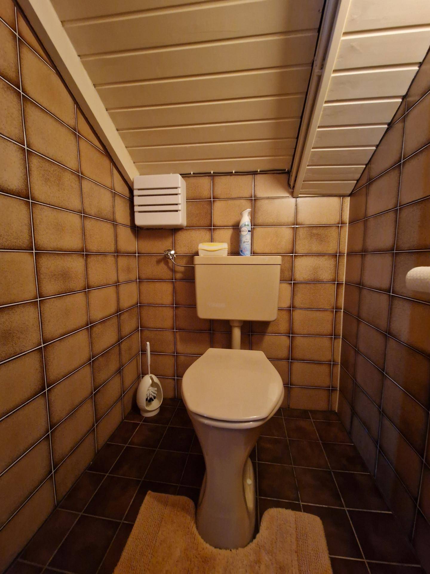 Kleines WC mit braunen Fliesen, Toilette und Holzdeckenverkleidung.