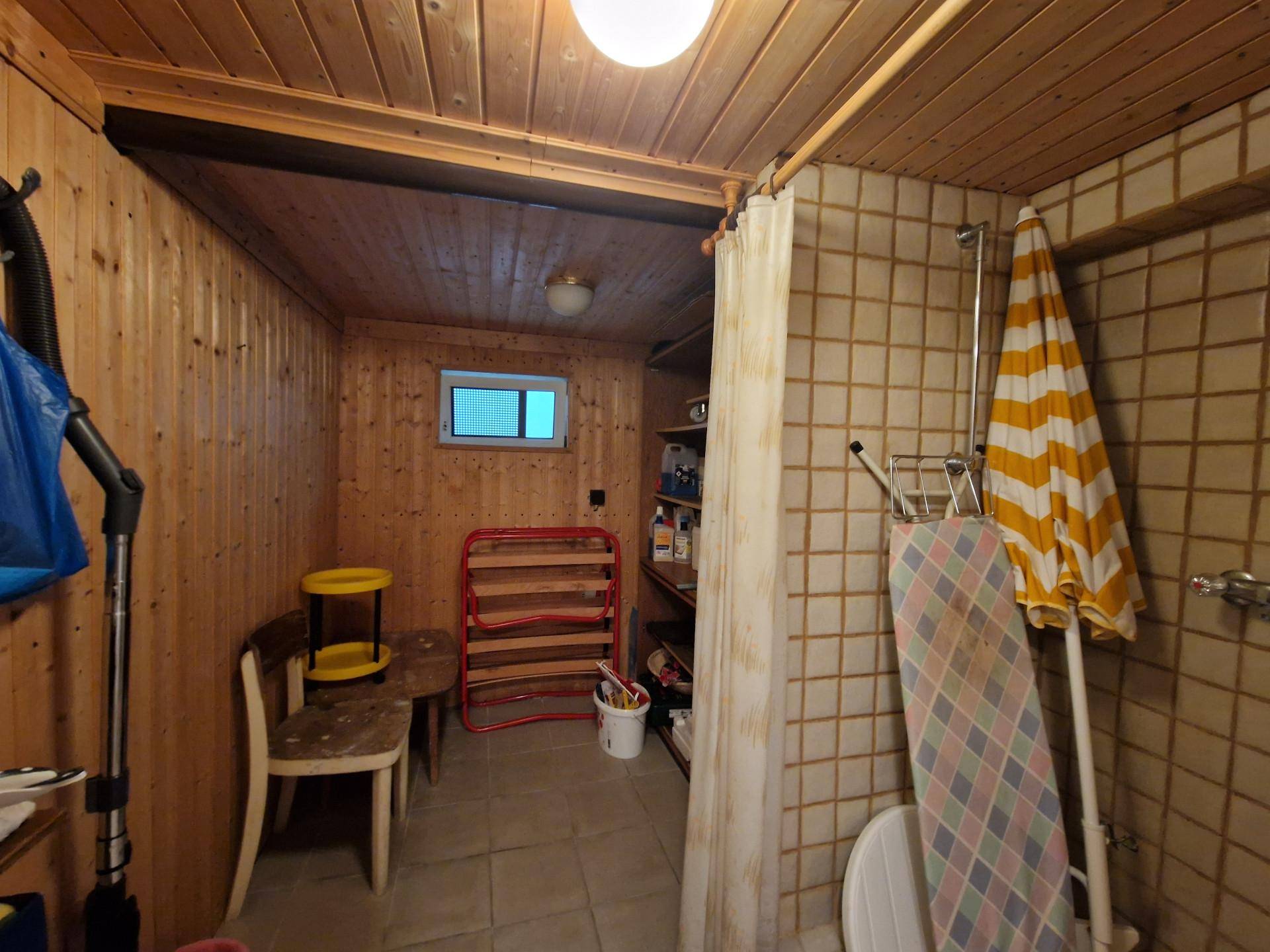 Praktischer Hauswirtschaftsraum im Keller mit Holzverkleidung und Dusche.
