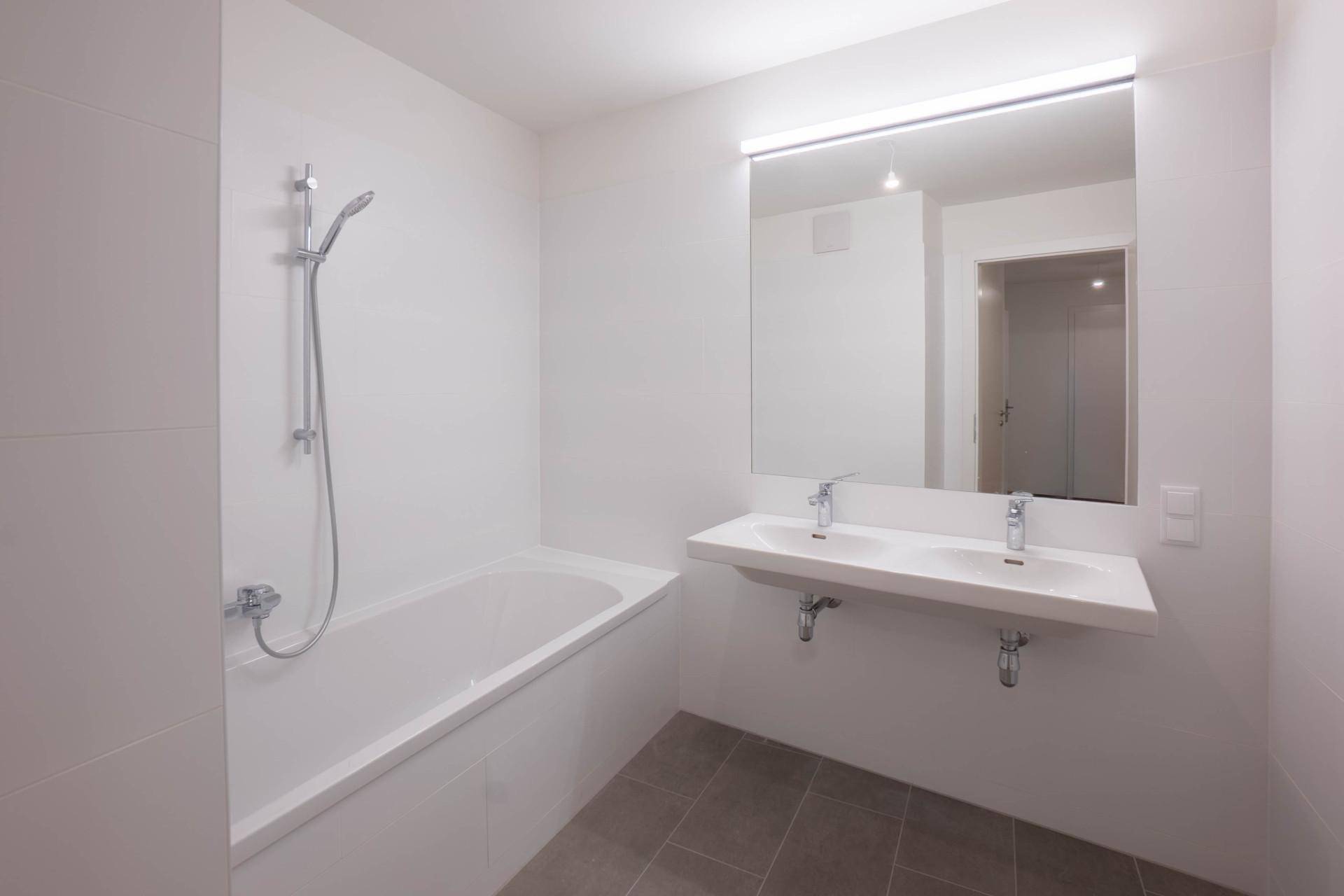 Modernes Badezimmer mit Badewanne, Doppelwaschbecken und großem Spiegel.