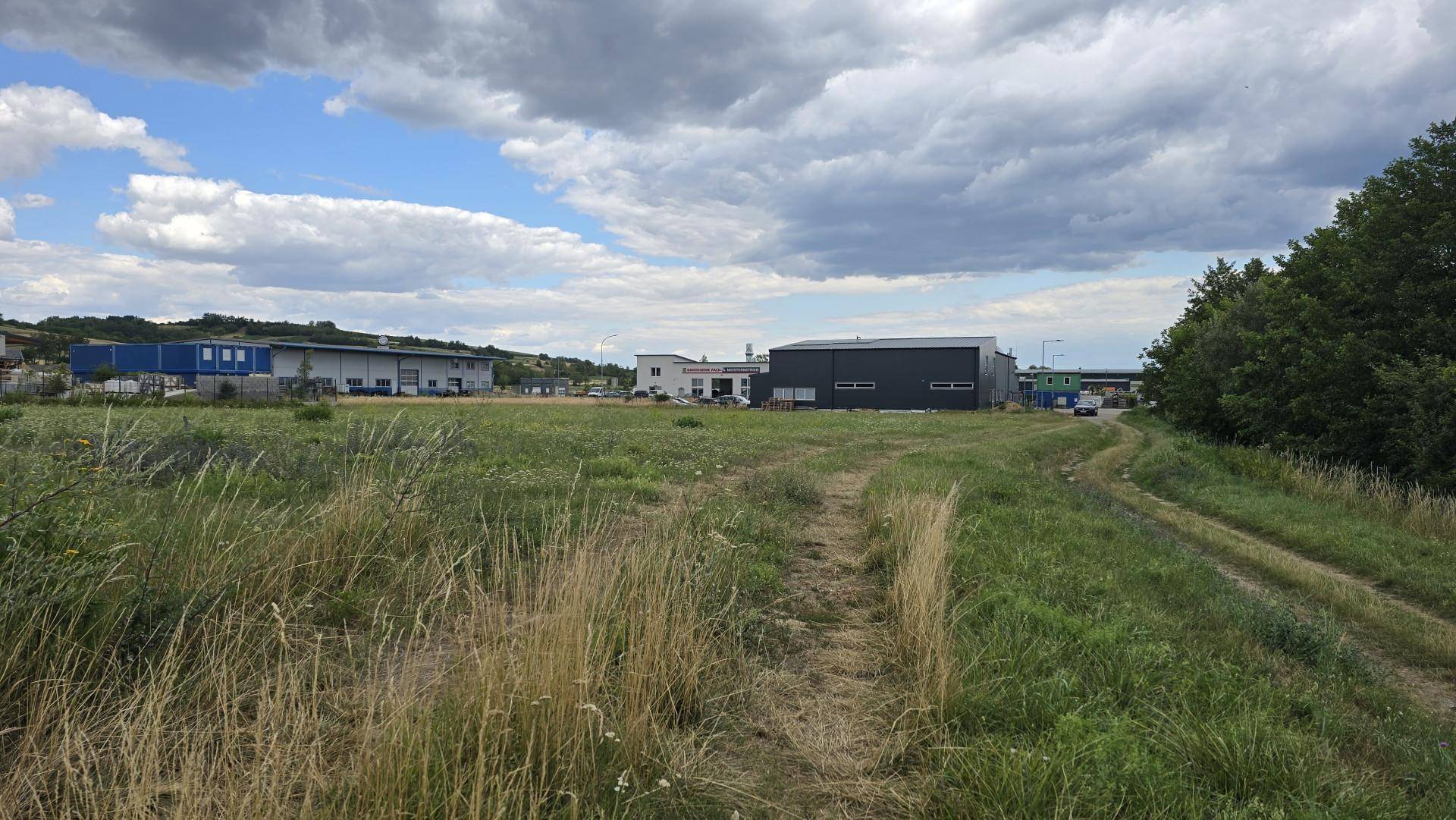 Grüne Wiesenfläche mit einem Feldweg, umgeben von Gewerbebauten und Bäumen unter einem bewölkten Sommerhimmel.