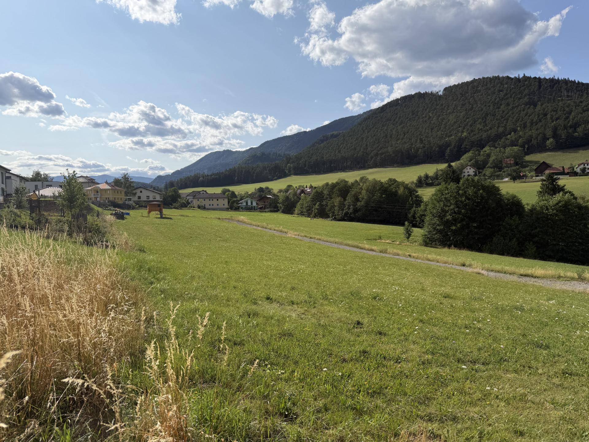 Weitläufige grüne Landschaft mit Bergen und vereinzelten Gebäuden in der Ferne.