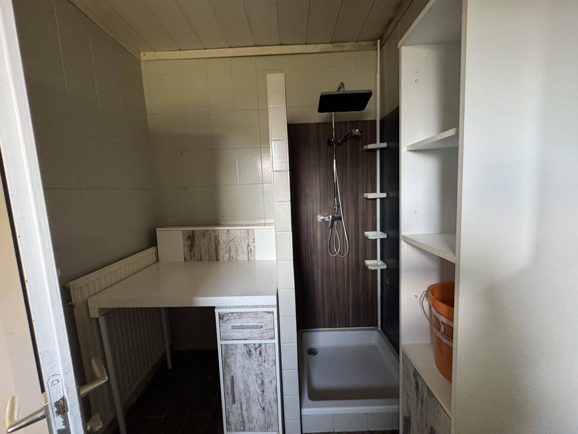 Kleines Badezimmer mit Duschkabine und Ablagefläche, funktional und einfach gestaltet.