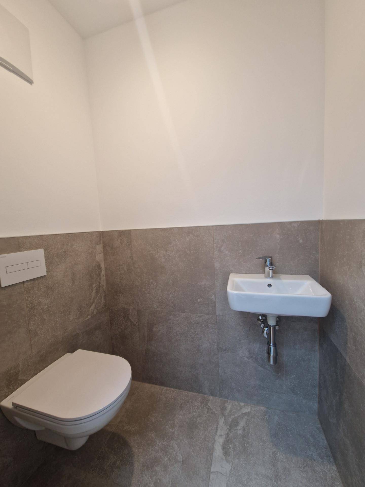 Sauberes Gäste-WC mit Wand-WC und einem kleinen Waschbecken, halbhoch gefliest.