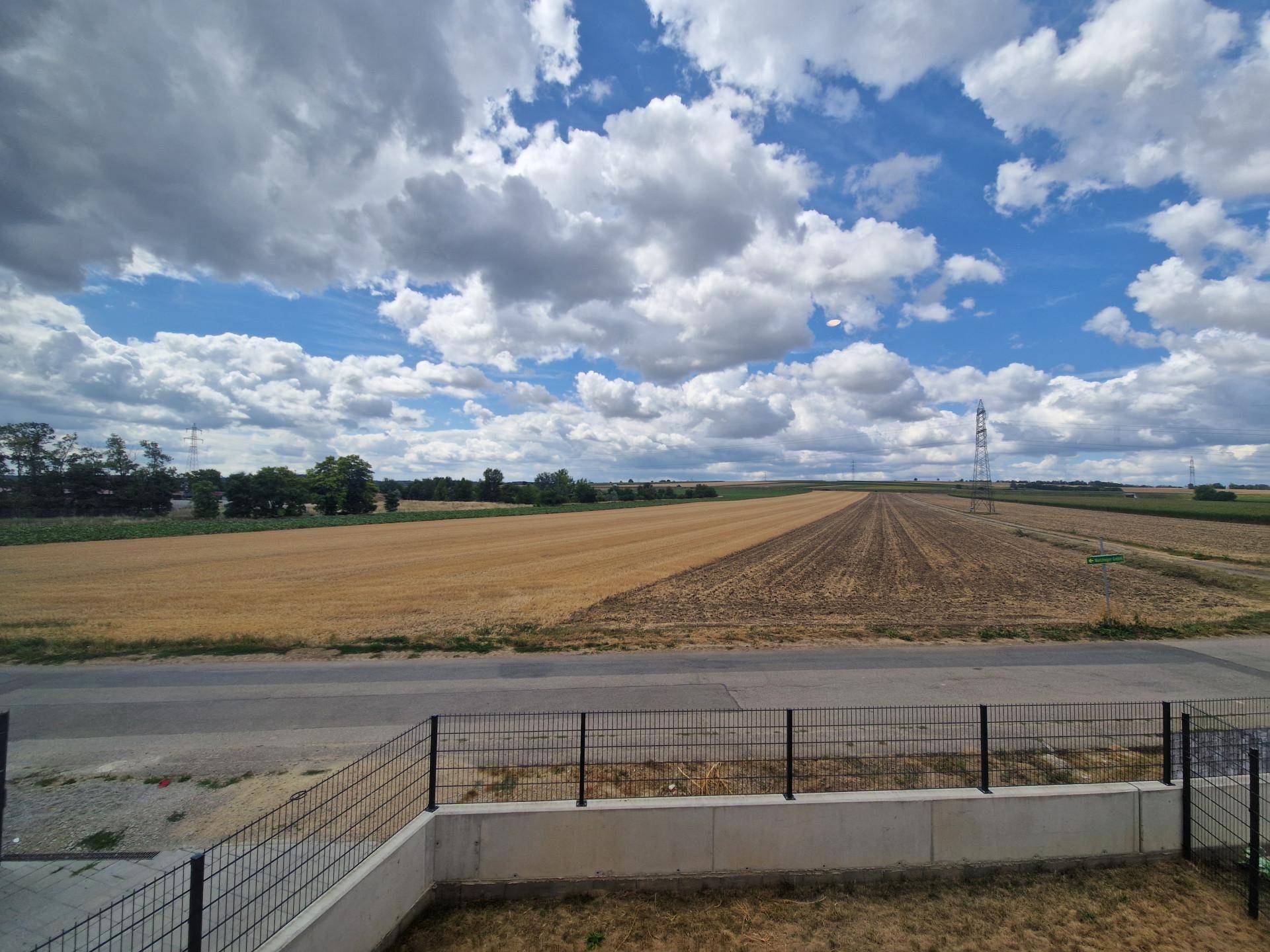 Panoramablick auf weite Felder und den Horizont unter einem bewölkten Sommerhimmel.