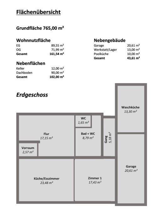 Grundriss des Erdgeschosses mit offener Küche/Esszimmer, Bad, separatem WC und integrierter Garage. Zeigt die Flächenübersicht.