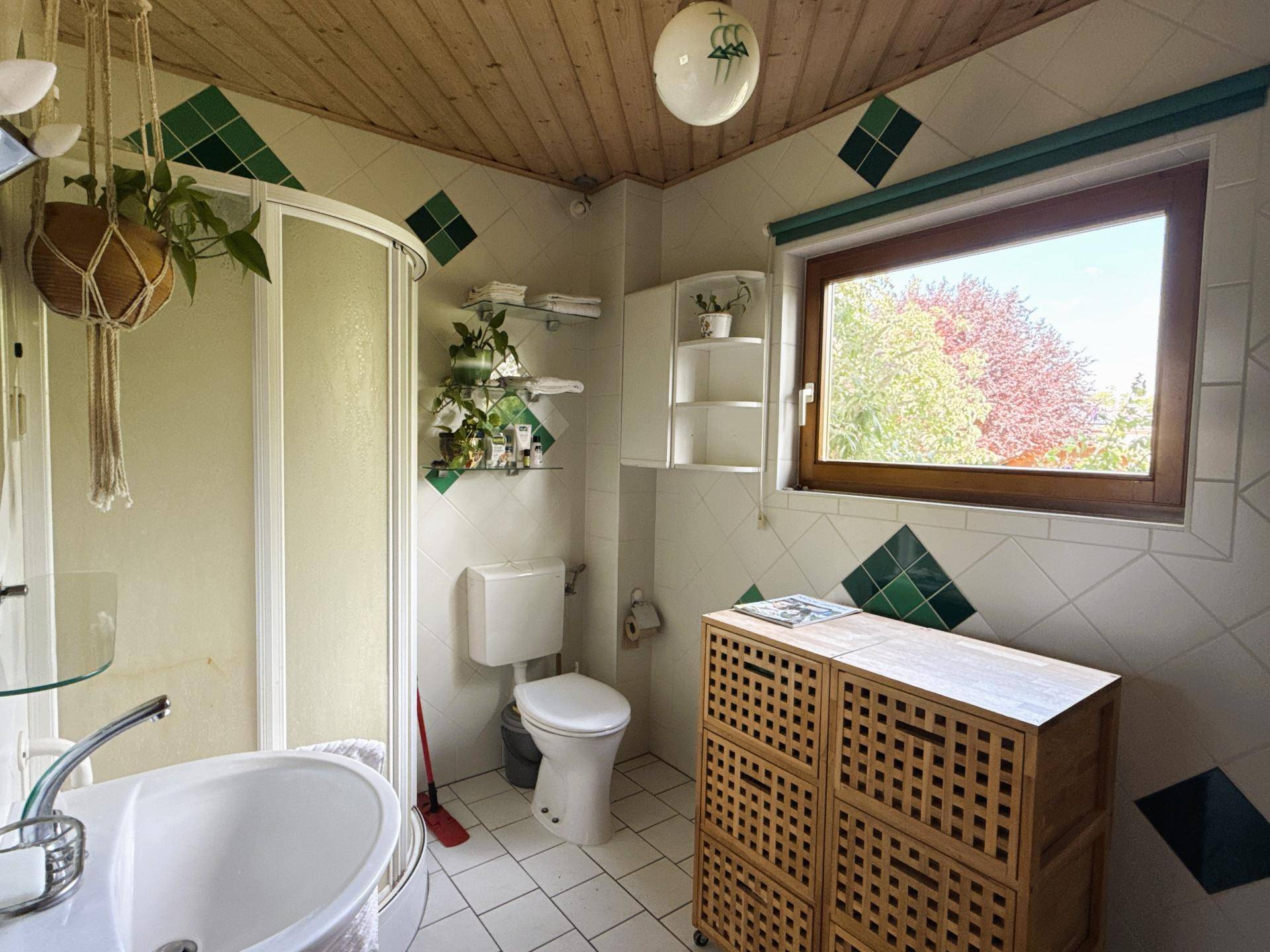 Badezimmer mit Duschkabine, WC, Holzdecke und Fenster mit Blick ins Grüne.