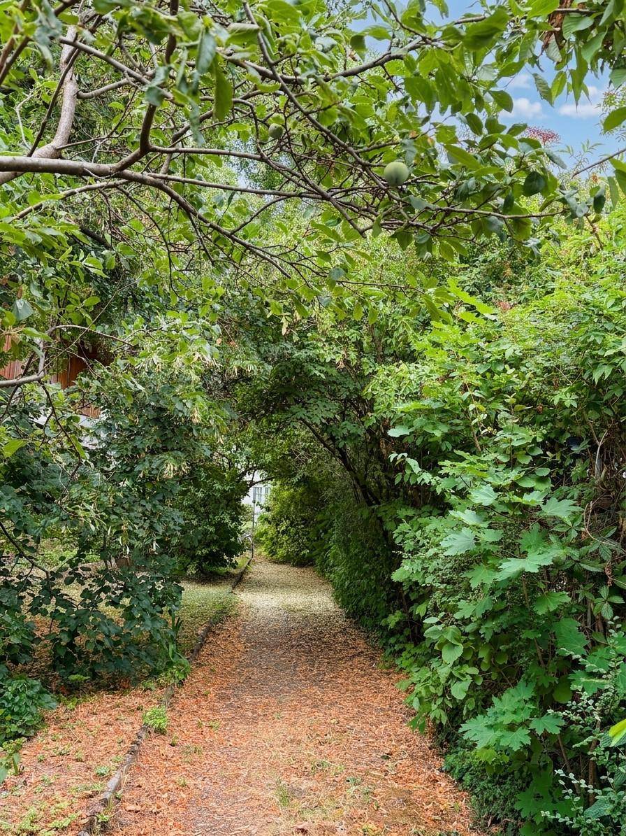 Beschatteter Gartenweg umgeben von üppigem Grün und hohen Bäumen.