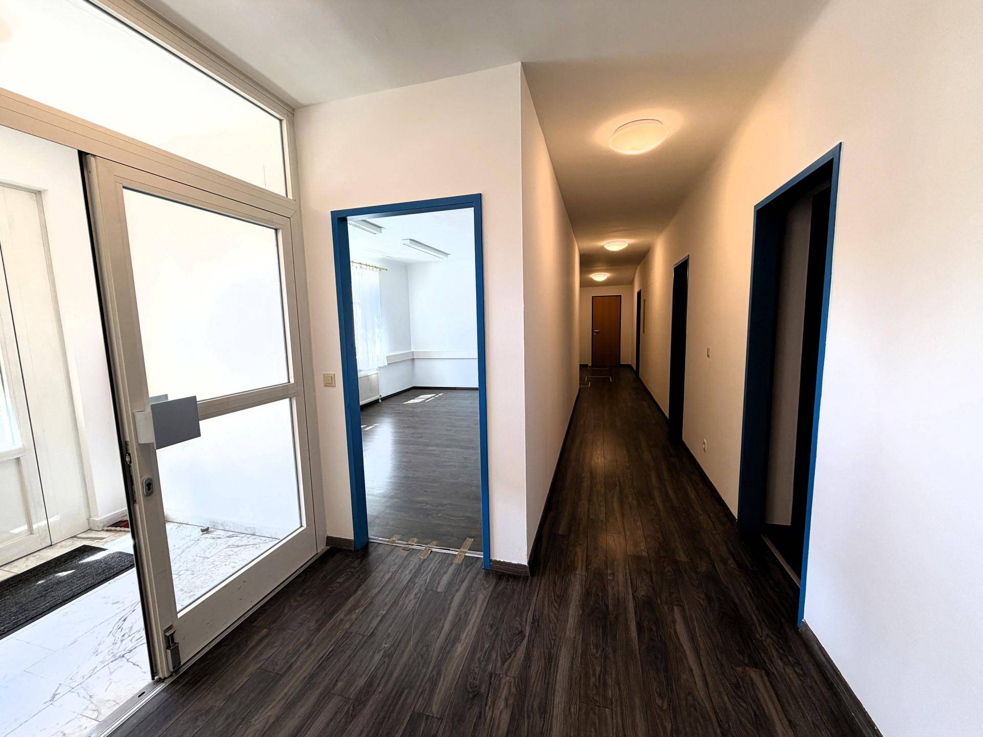 Langer Flur mit dunklem Laminatboden, weißen Wänden und mehreren Türen, führt zum Eingangsbereich.