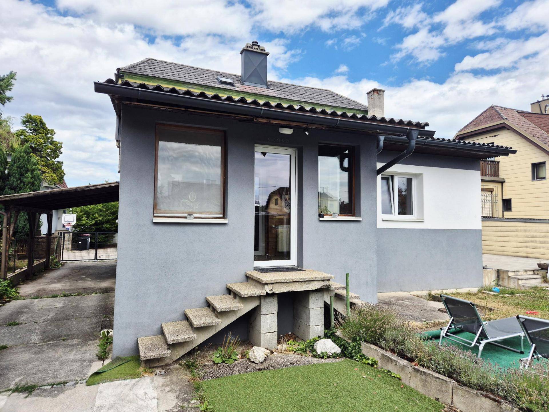 Hinterer Eingangsbereich des Hauses mit Treppe und kleinem Gartenbereich.