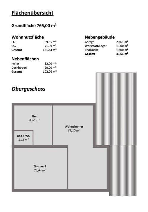 Grundriss des Obergeschosses mit Wohnzimmer, Schlafzimmer, Bad und Balkon.