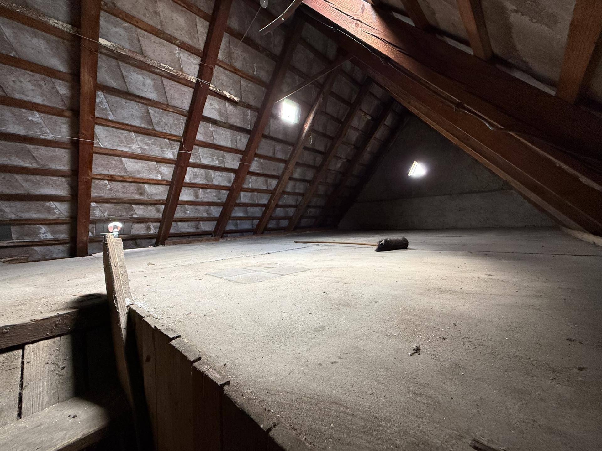 Geräumiger Dachboden mit sichtbaren Holzbalken und Dachfenstern, der Ausbaupotenzial bietet.