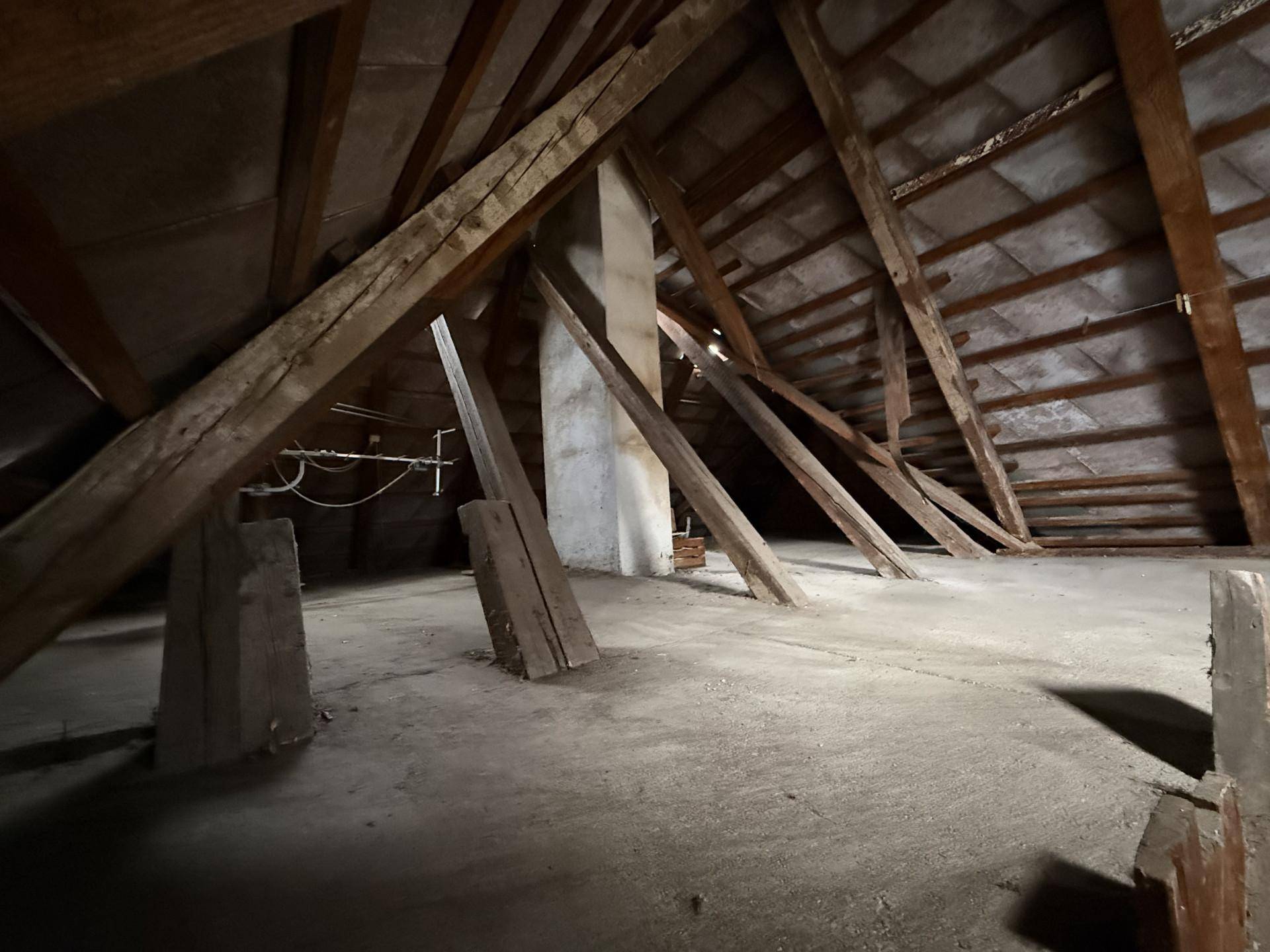 Unausgebauter Dachboden mit Holzbalken und viel Stauraum, ideal für zukünftige Projekte.