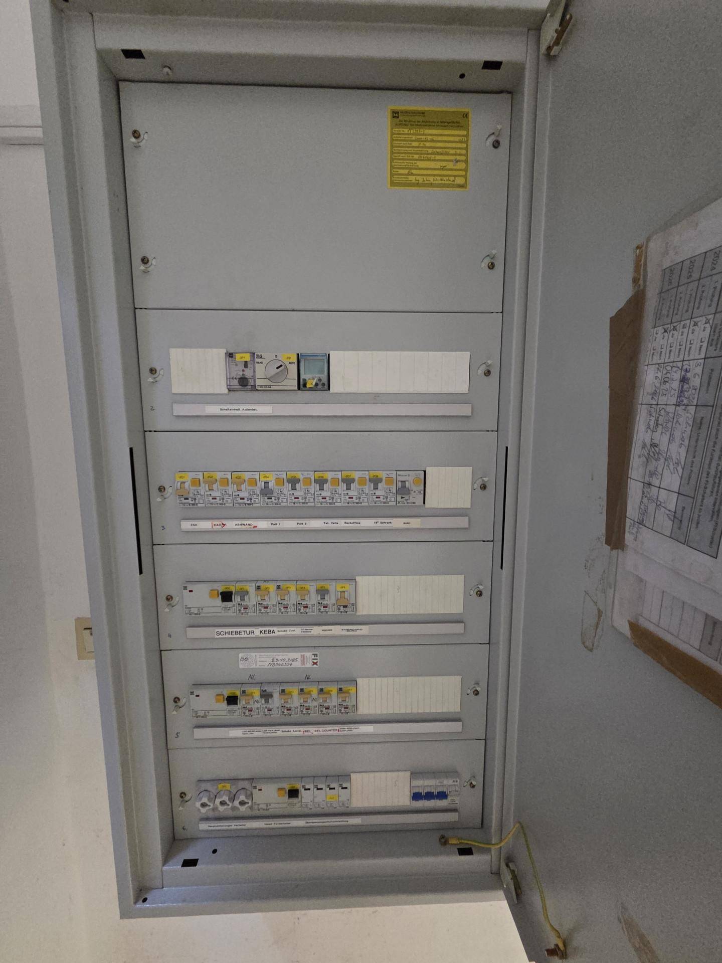 Offener Elektroschrank mit mehreren Sicherungen und Schaltkreisen, der die Stromversorgung des Gebäudes regelt.