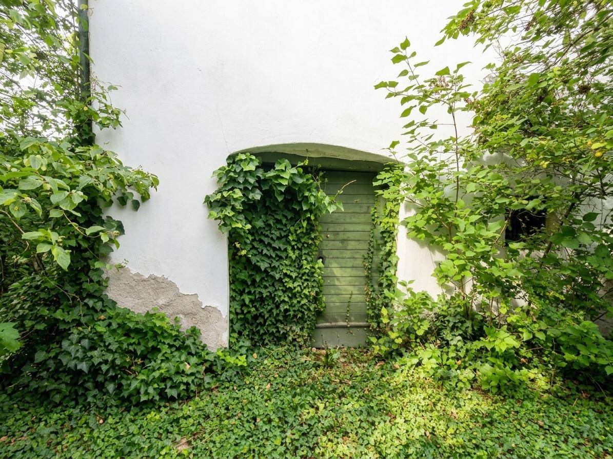 Alte Holztür, überwuchert mit Efeu, an einer weiß verputzten Fassade.