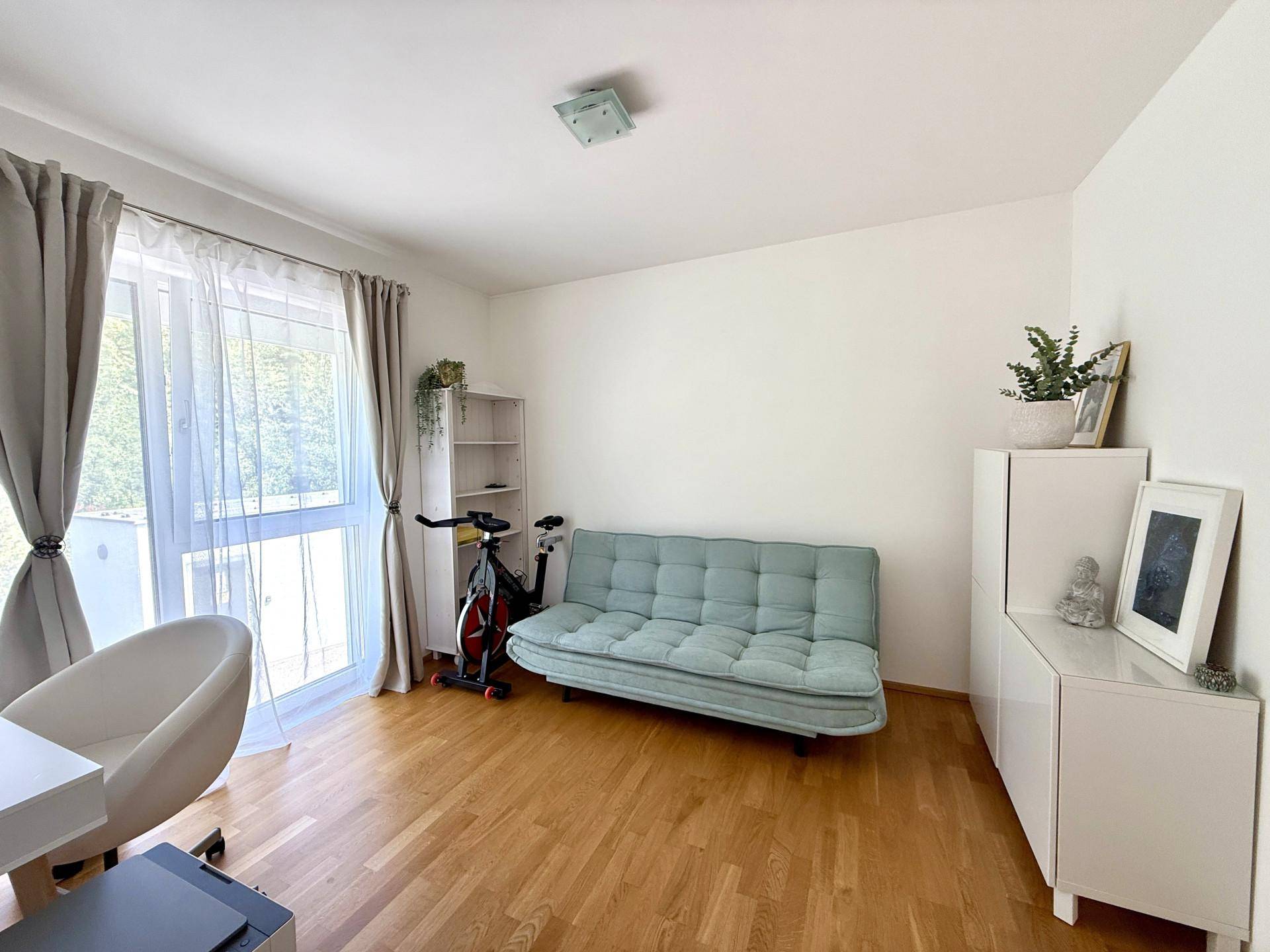 Helles Zimmer mit Holzboden, Schlafsofa und Zugang zu einem Balkon.