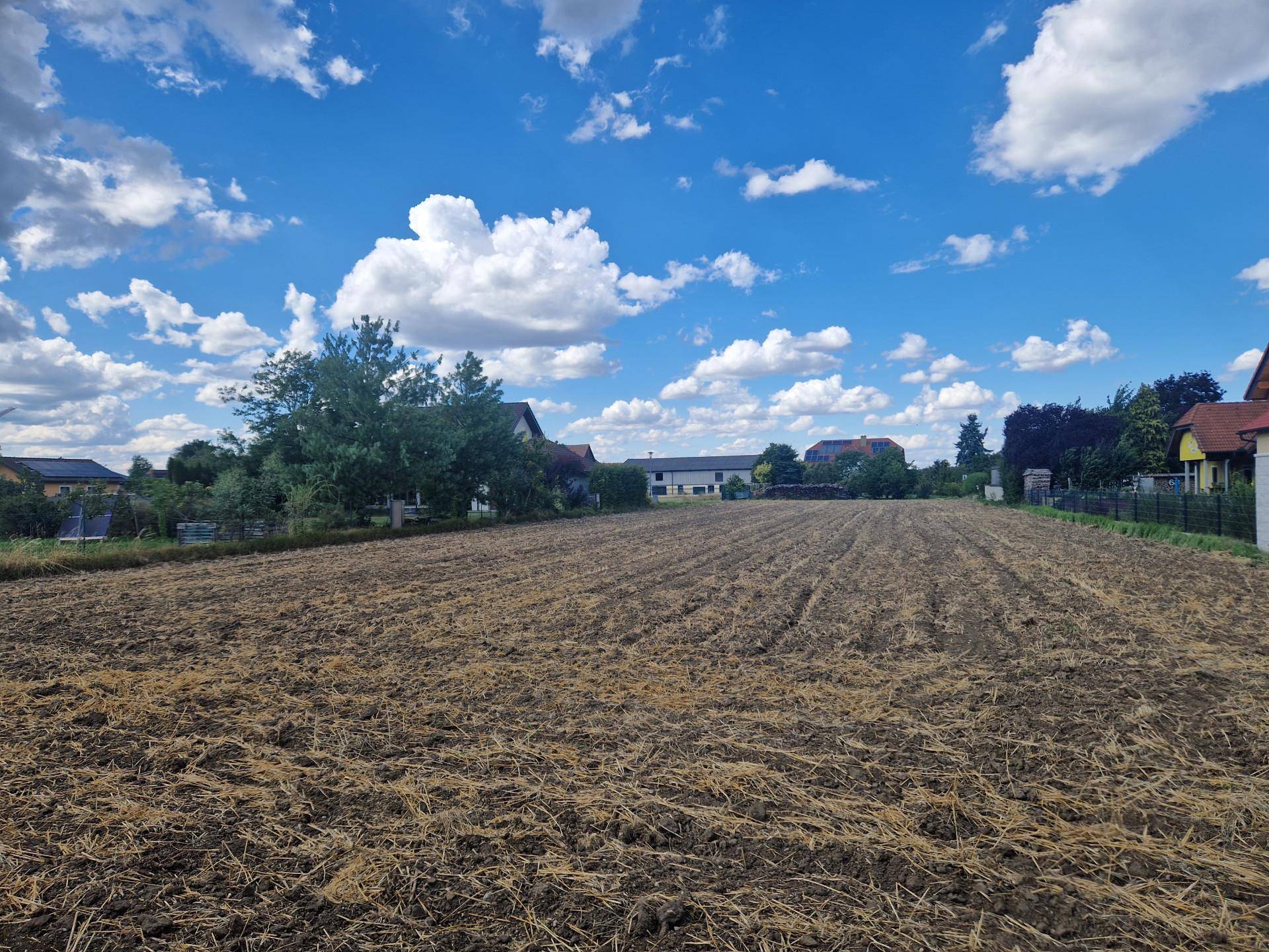 Offenes Feld mit brauner Erde und vereinzelten Häusern am Horizont unter einem bewölkten Himmel.