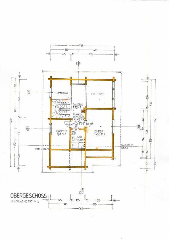 Grundriss des Obergeschosses mit Galerie, Zimmer und Bad.