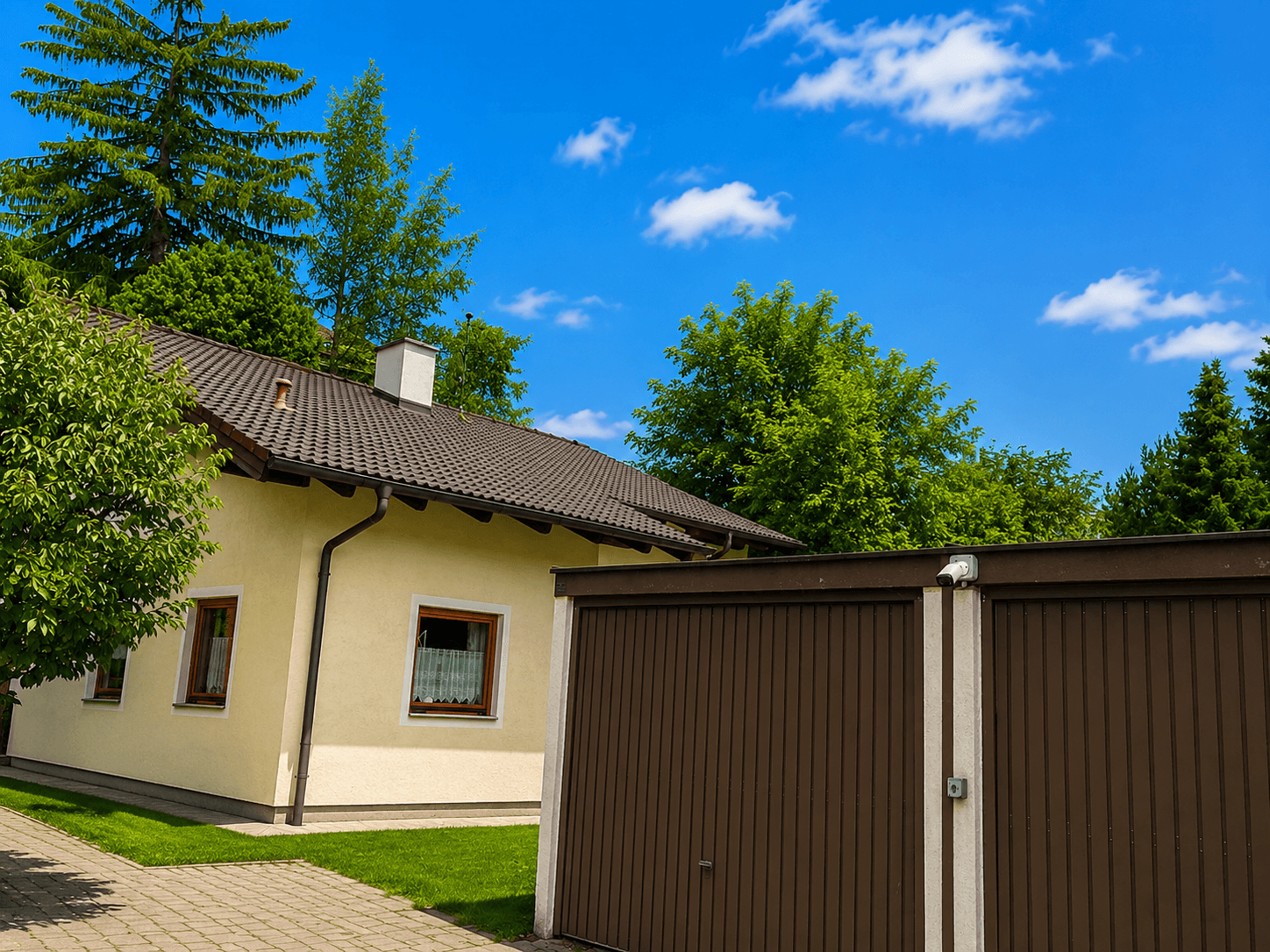 Seitenansicht des Hauses mit Garage und gepflegtem Vorgarten unter blauem Himmel.