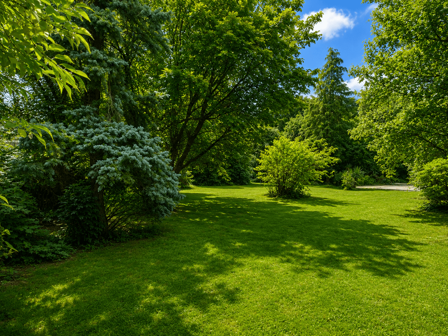 Weitläufiger, grüner Garten mit altem Baumbestand und sonnigen Rasenflächen, ideal zum Entspannen.