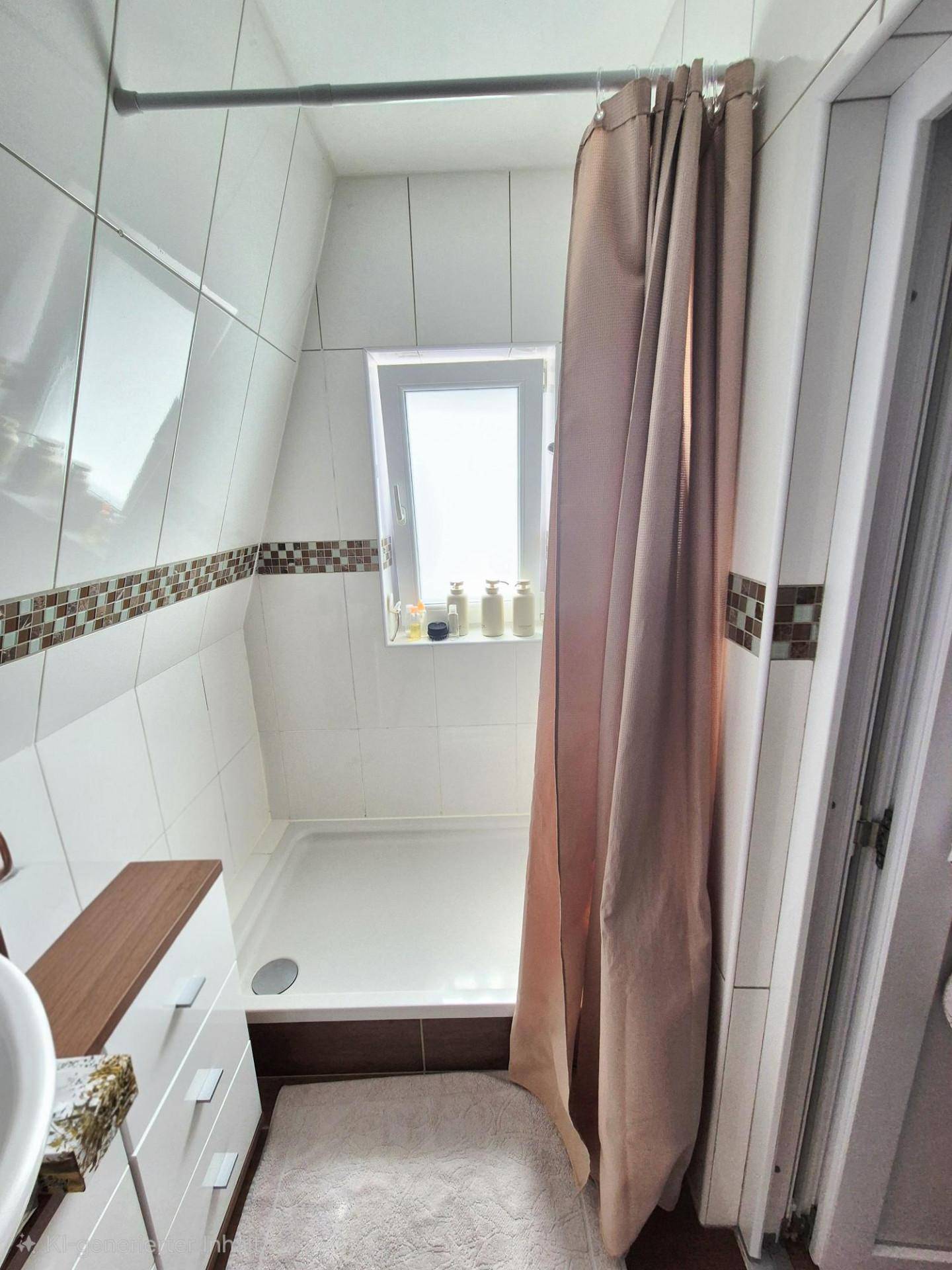 Duschbereich mit weißen Fliesen, Fenster und Duschvorhang, in einem Dachgeschossbad.