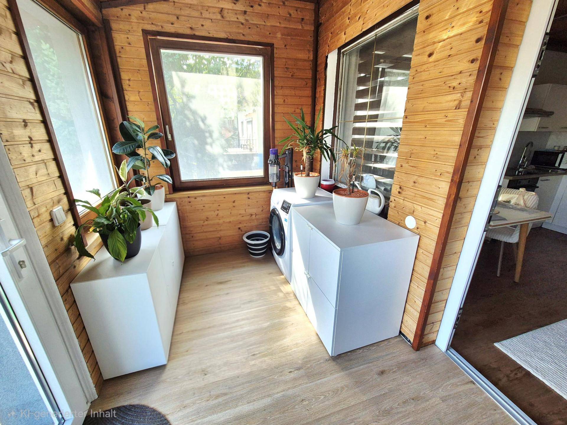 Heller Hauswirtschaftsraum mit Waschmaschine und Trockner, holzvertäfelten Wänden und großen Fenstern.