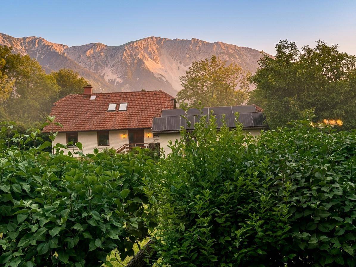 Haus mit Ziegeldach und Solaranlage vor einer beeindruckenden Bergkulisse bei Sonnenuntergang.