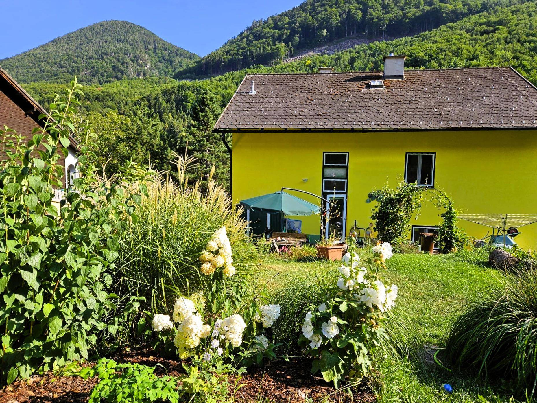 Malerischer Garten mit blühenden Sträuchern, Rasen und Blick auf das gelbe Haus und die Berge.