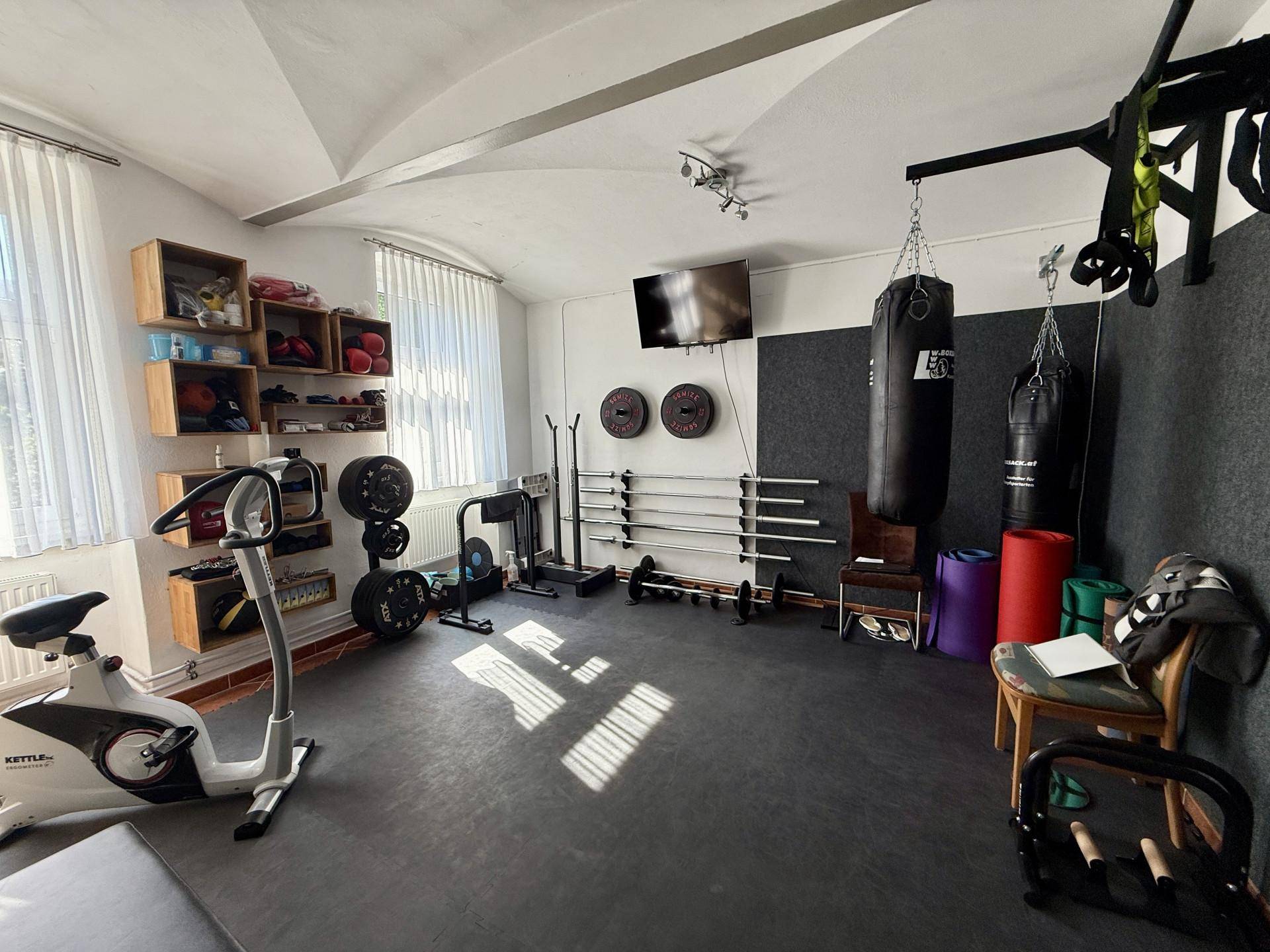 Privater Fitnessraum mit Trainingsgeräten, Boxsack und gewölbter Decke, hell und geräumig.
