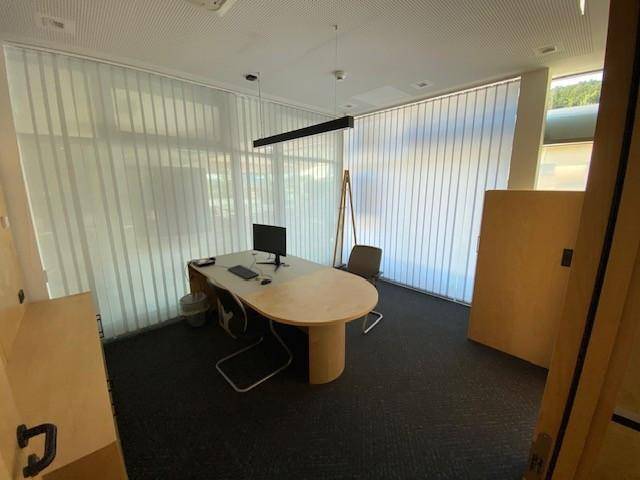 Helles Einzelbüro mit großem Schreibtisch, Teppichboden und vertikalen Jalousien an den Fenstern.