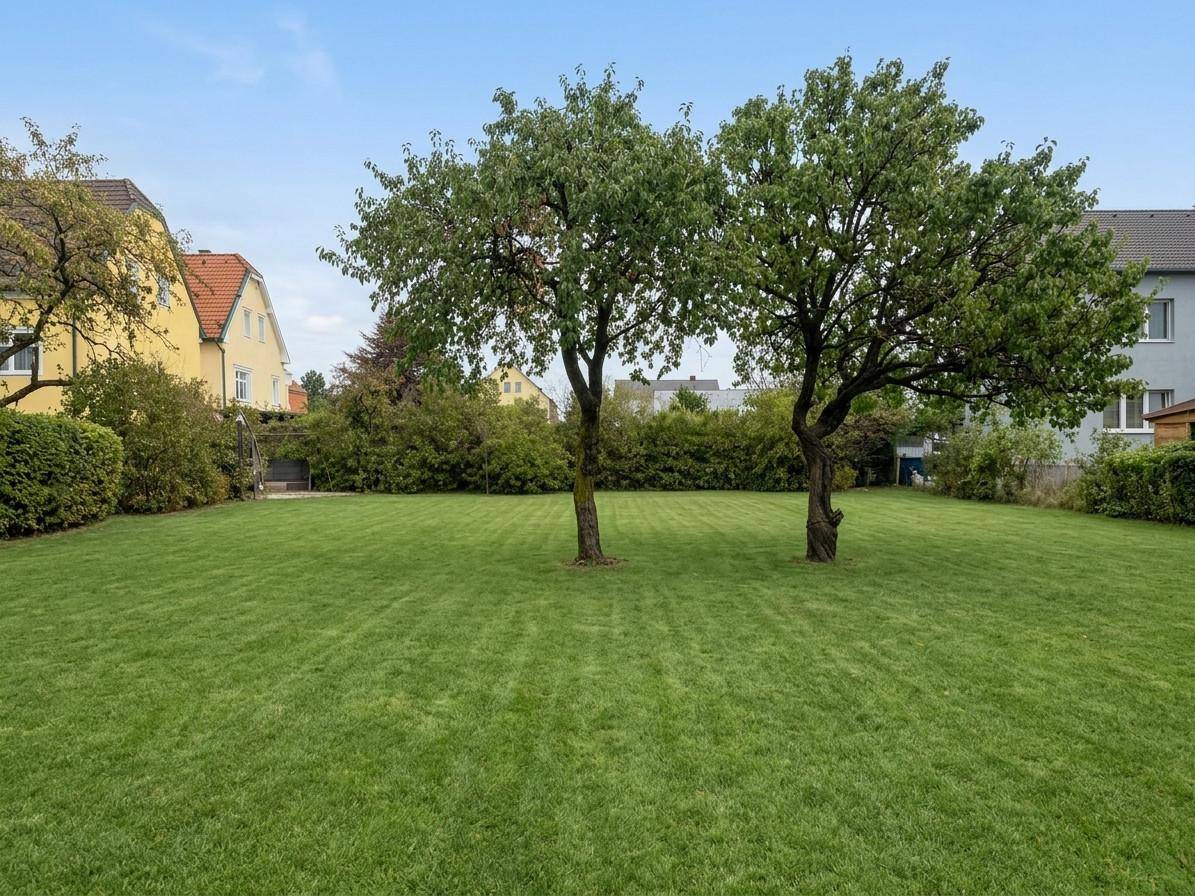 Weitläufiger, gepflegter Garten mit zwei großen Bäumen und Hecken, umgeben von weiteren Häusern.