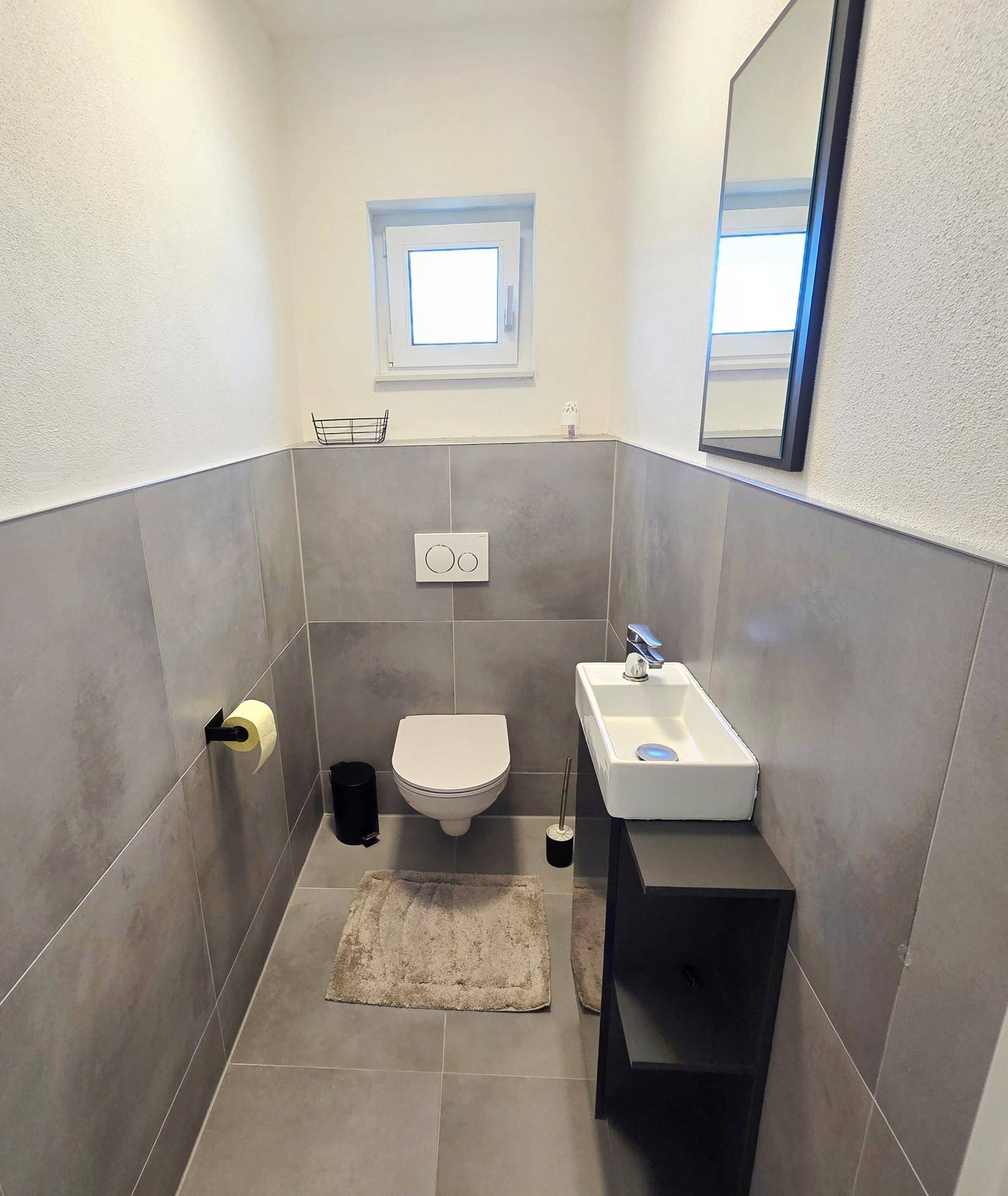 Modernes Gäste-WC mit wandhängender Toilette, kleinem Waschbecken und grauen Fliesen.
