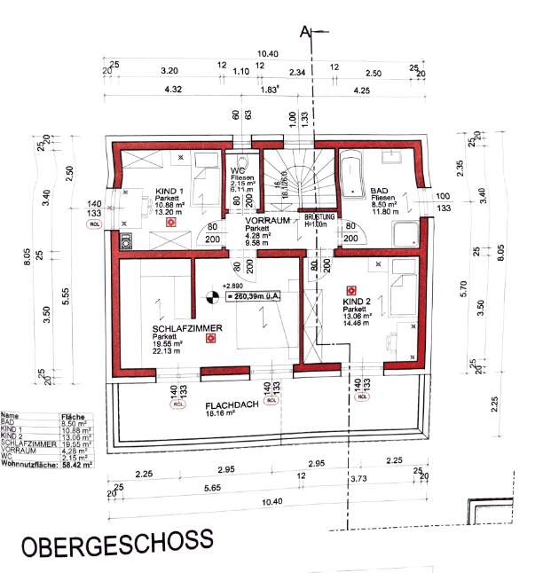 Grundriss des Obergeschosses mit drei Schlafzimmern und zwei Badezimmern.
