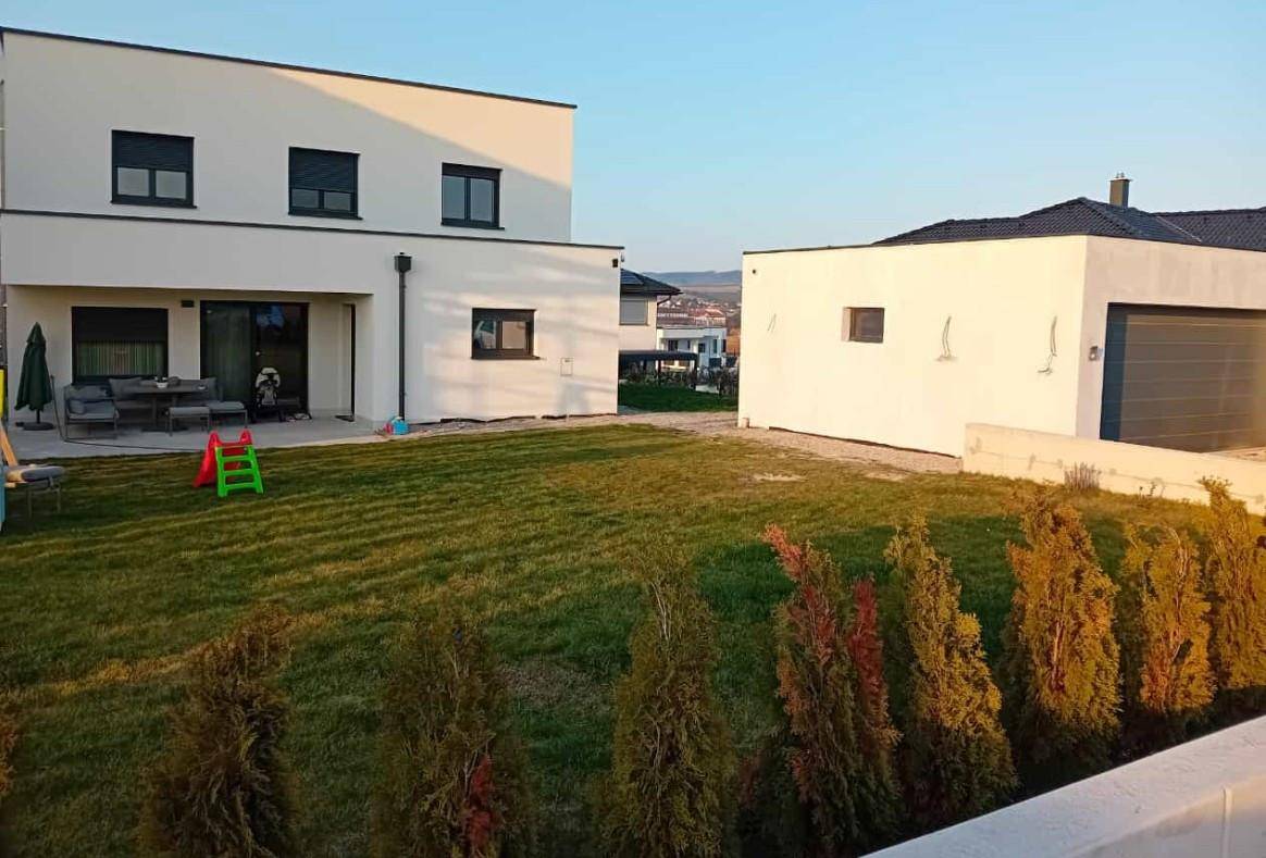 Großer Garten mit Rasenfläche und Blick auf die modernen Häuser im Hintergrund.