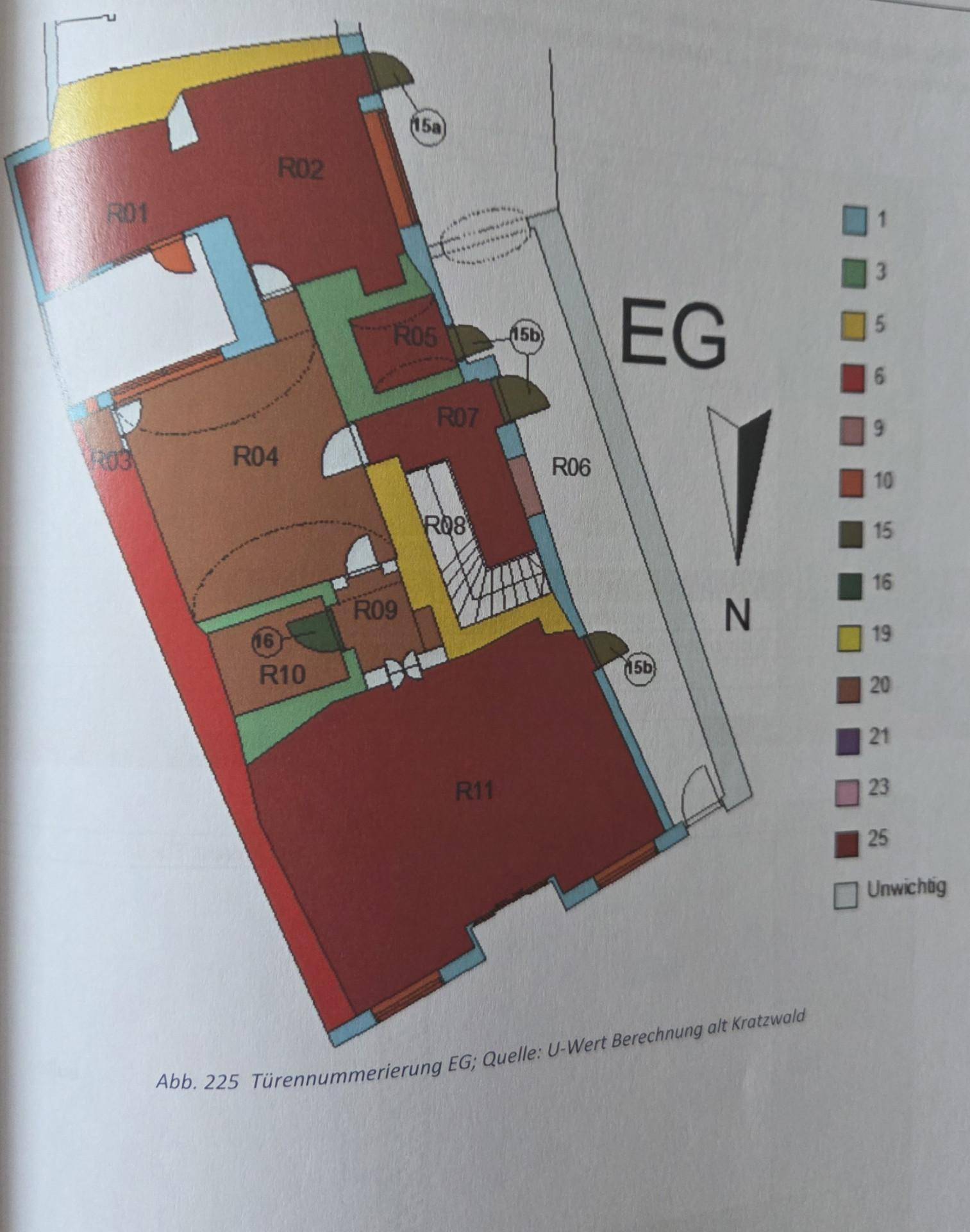Farbiger Grundriss des Erdgeschosses mit nummerierten Räumen und einer klaren Darstellung der Raumaufteilung.