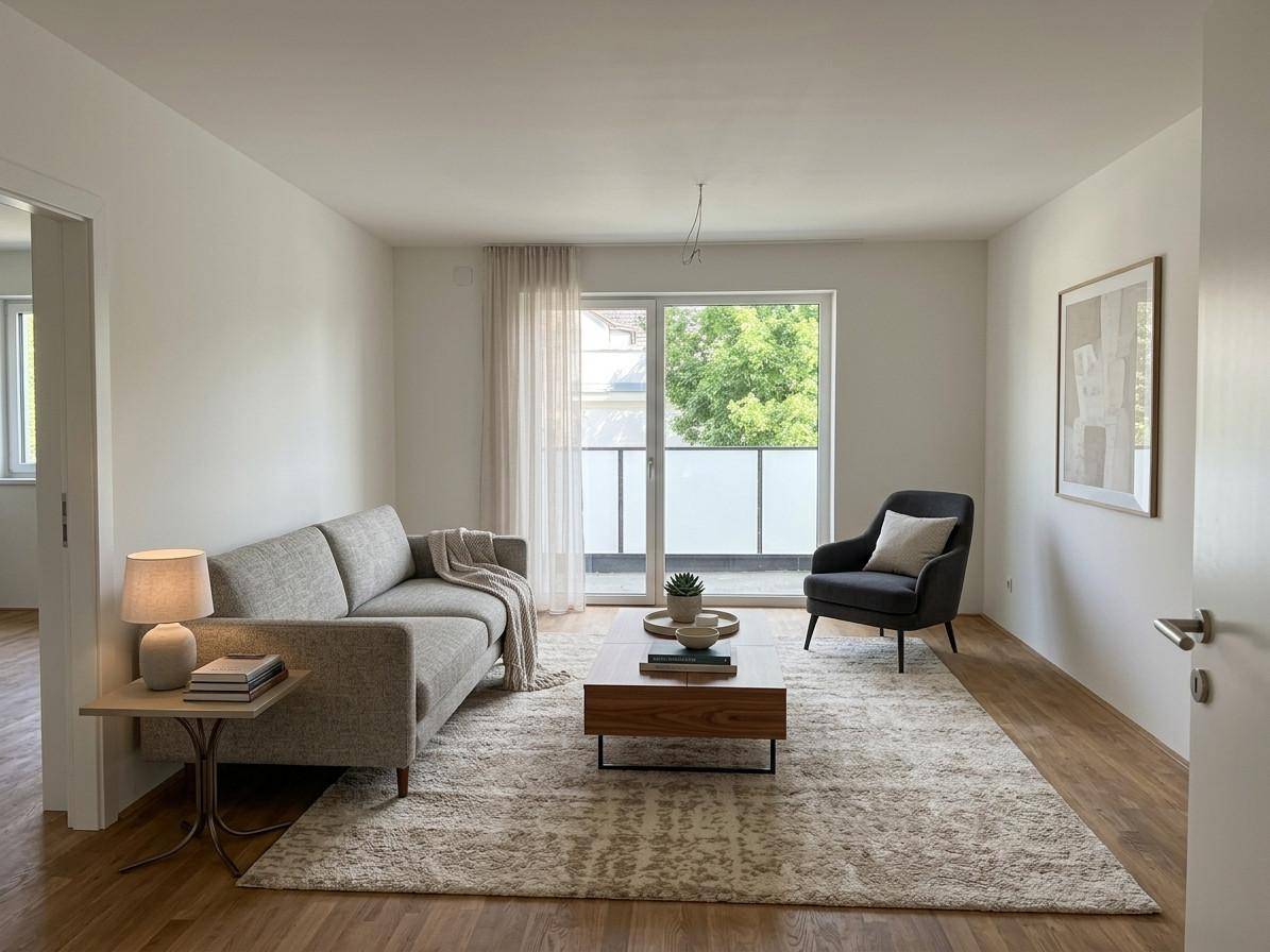 Modern eingerichtetes Wohnzimmer mit Holzboden, Teppich und Balkonzugang.