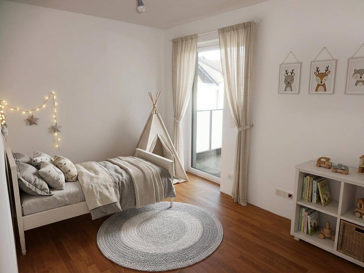 Kinderzimmer mit Holzboden, gemütlicher Einrichtung und Zugang zum Balkon.
