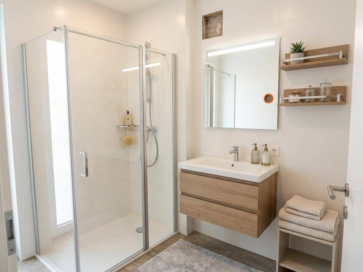 Modernes Badezimmer mit Duschkabine, Holzwaschtisch und beleuchtetem Spiegel.