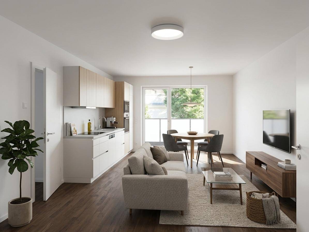 Wohnzimmer mit Küche möbliert mit KI Unterstützung)
