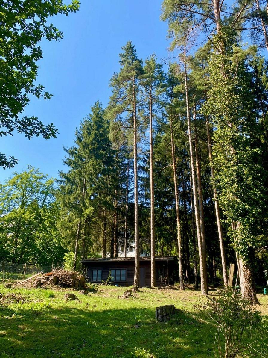 Eine rustikale Holzhütte umgeben von hohen Nadelbäumen auf einem sonnigen, grünen Grundstück.