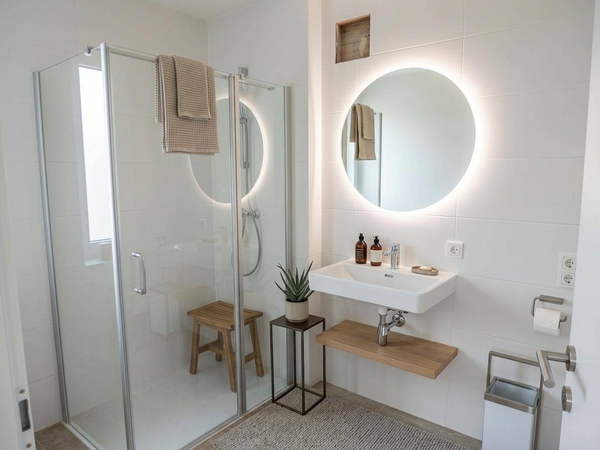 Modernes Badezimmer mit Duschkabine, beleuchtetem Spiegel und stilvollem Waschbecken.