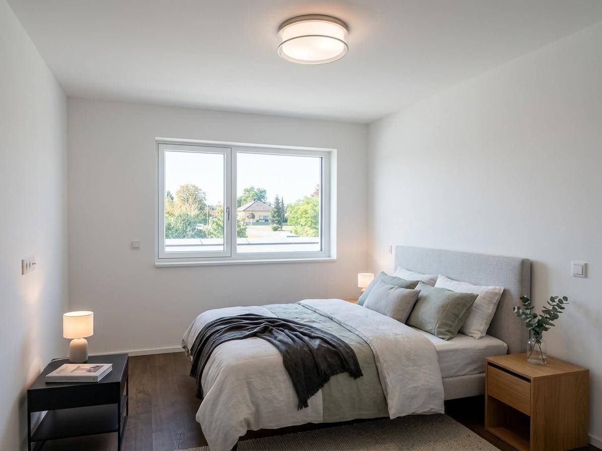 Modern eingerichtetes Schlafzimmer mit Holzboden, großem Fenster und hellem Ambiente.