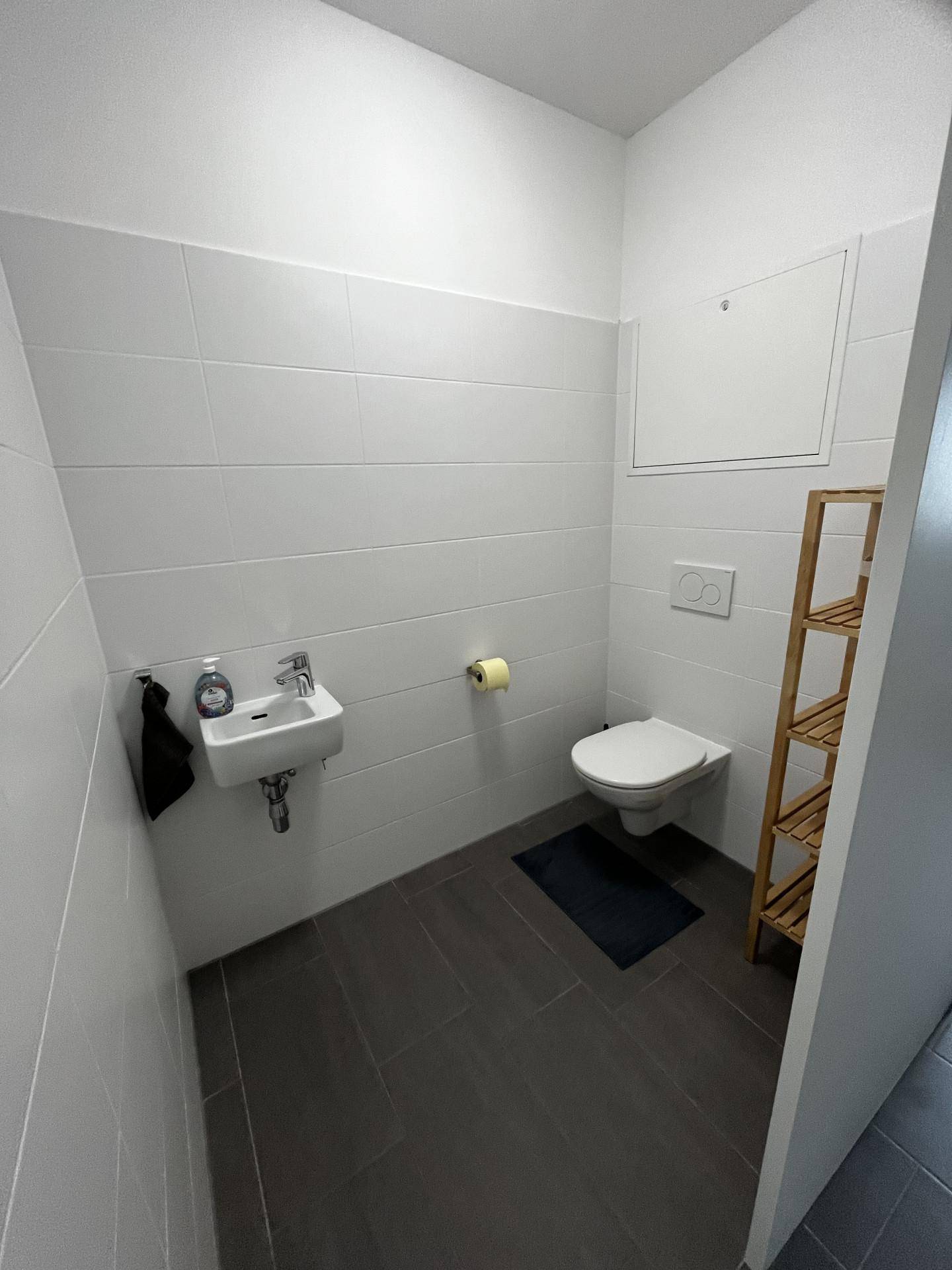 Separate Gästetoilette mit Wand-WC, kleinem Waschbecken und Fliesenboden.