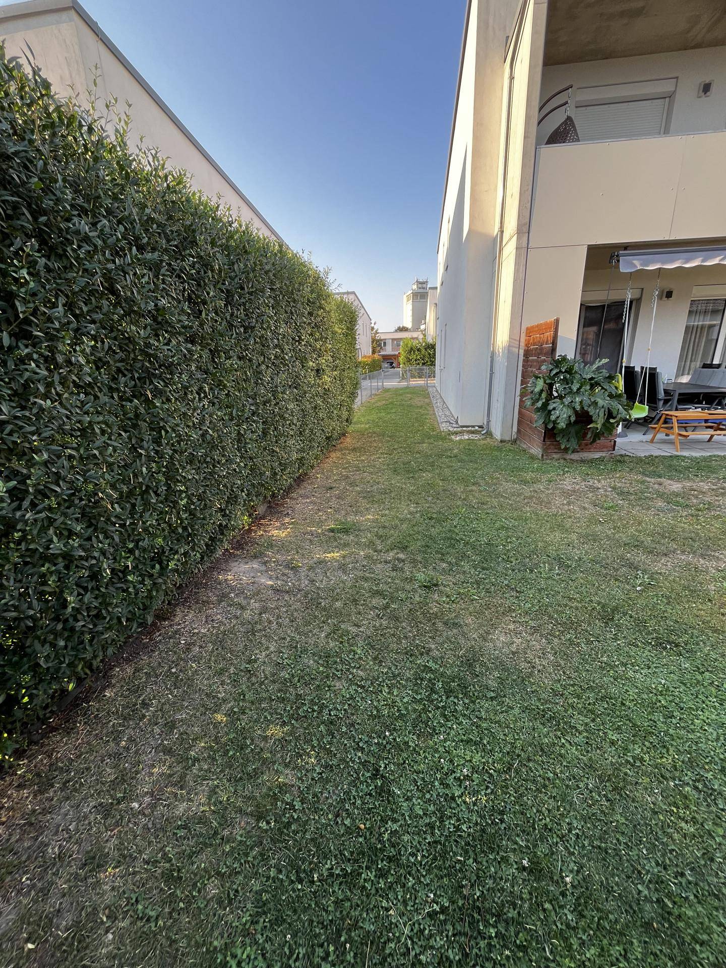 Langer, schmaler Gartenbereich mit gepflegter Hecke und Rasenfläche neben dem Gebäude.
