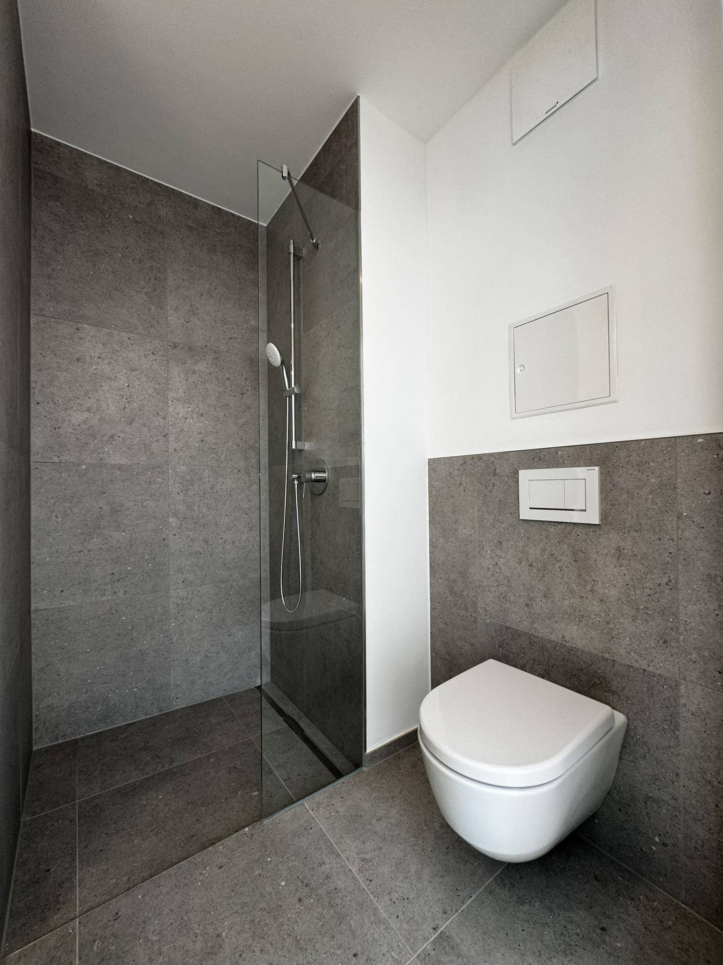 Modernes Badezimmer mit grauen Fliesen, bodengleicher Dusche und wandhängendem WC.