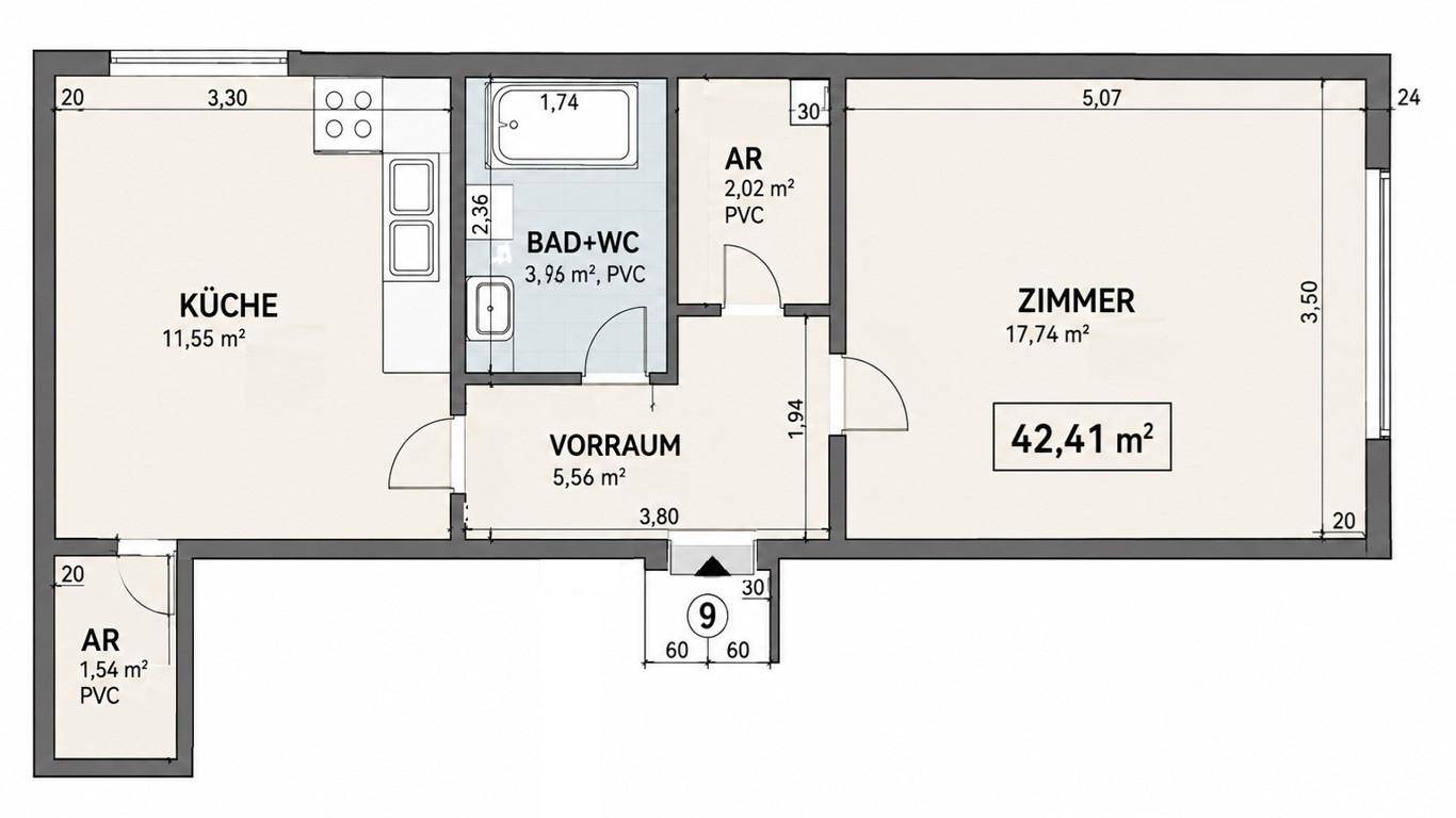 Digitaler Grundriss der Wohnung mit Küche, Bad und einem Zimmer, inklusive Flächenangaben.