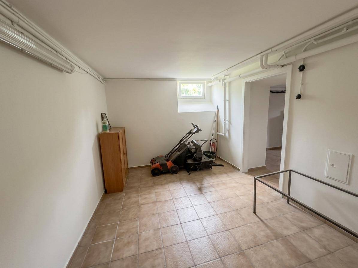 Heller Kellerraum mit Fliesenboden, kleinem Fenster und sichtbaren Leitungen, ideal als Abstell- oder Hobbyraum.