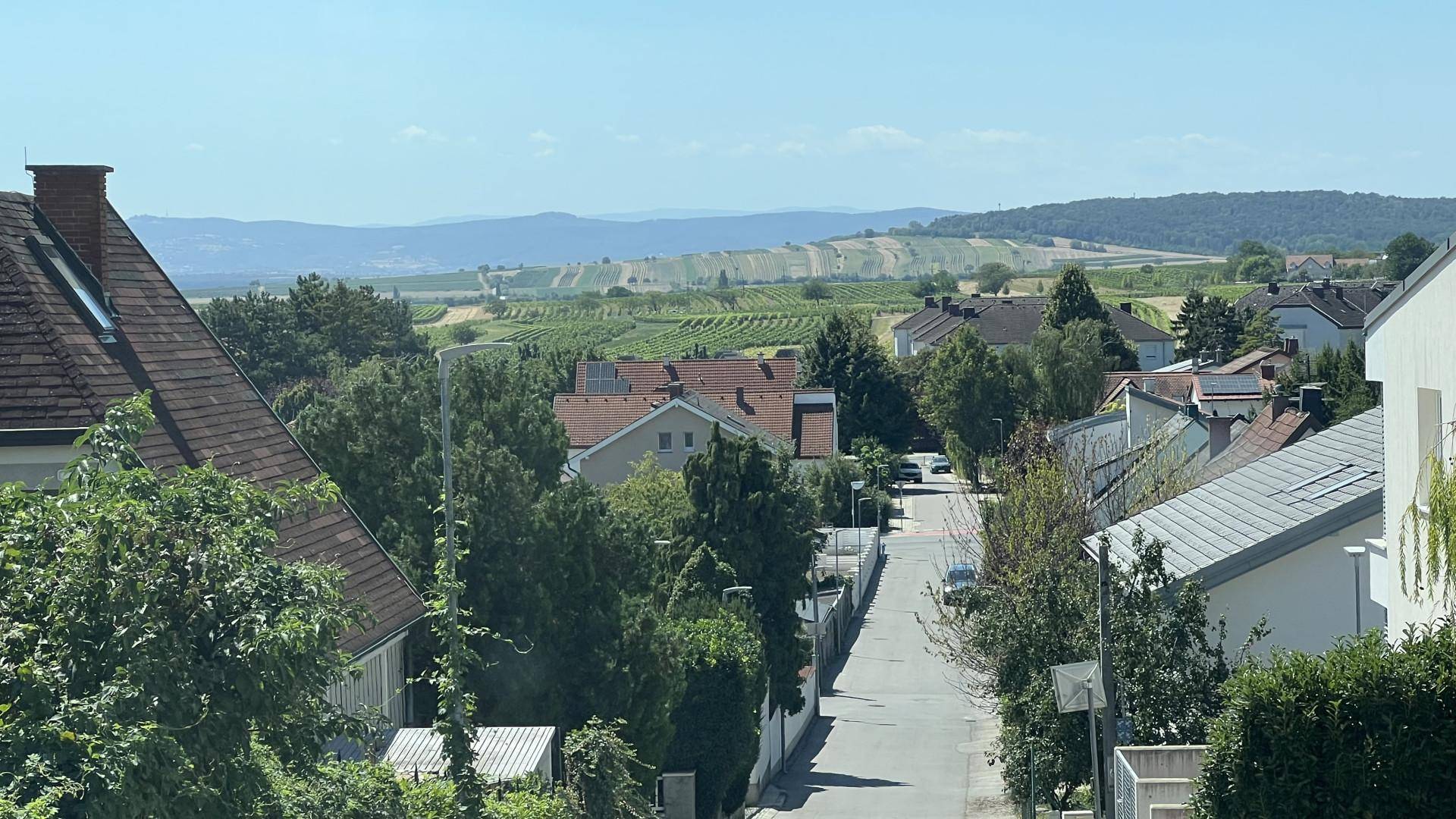 Weitblick über eine Wohnsiedlung mit Weinbergen in der Ferne.