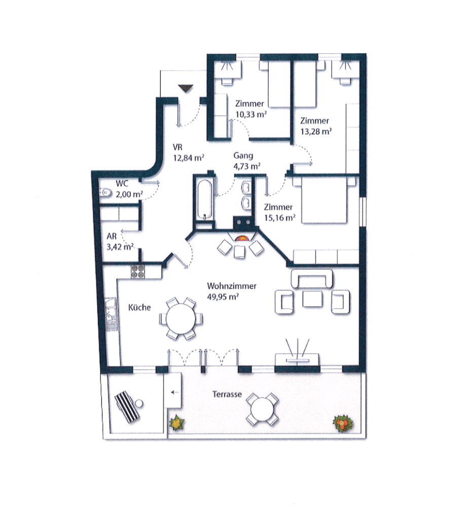 Detaillierter Grundriss einer Wohnung mit drei Zimmern, Terrasse und separater Küche.